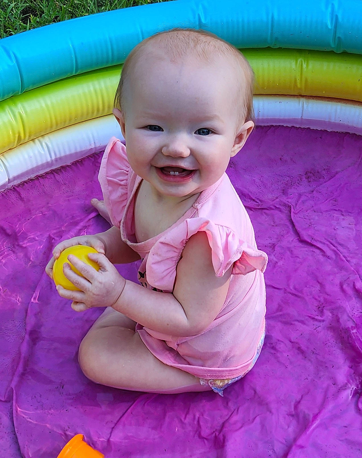 Everleigh joined the competition — help win amazing prizes! baby, baby_laughing, baby_products, baby_toddler_clothing, child, comfort, fun, grass, happy, joy, leisure, magenta, person, pink, play, purple, recreation, sitting, skin, smile