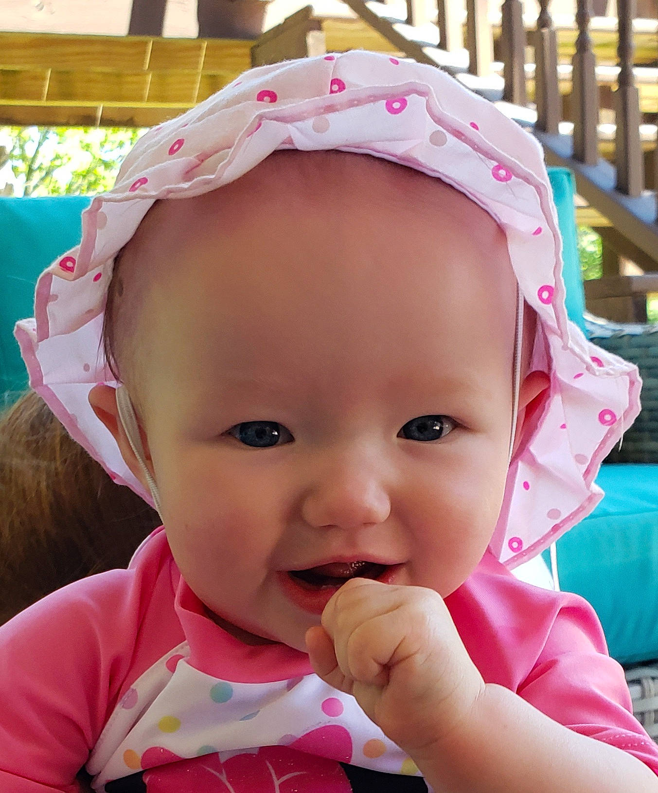 Everleigh joined the competition — help win amazing prizes! baby, baby_toddler_clothing, cheek, child, chin, close_up, eyelash, face, fun, gesture, grass, happy, lip, magenta, mouth, nose, person, pink, skin, smile