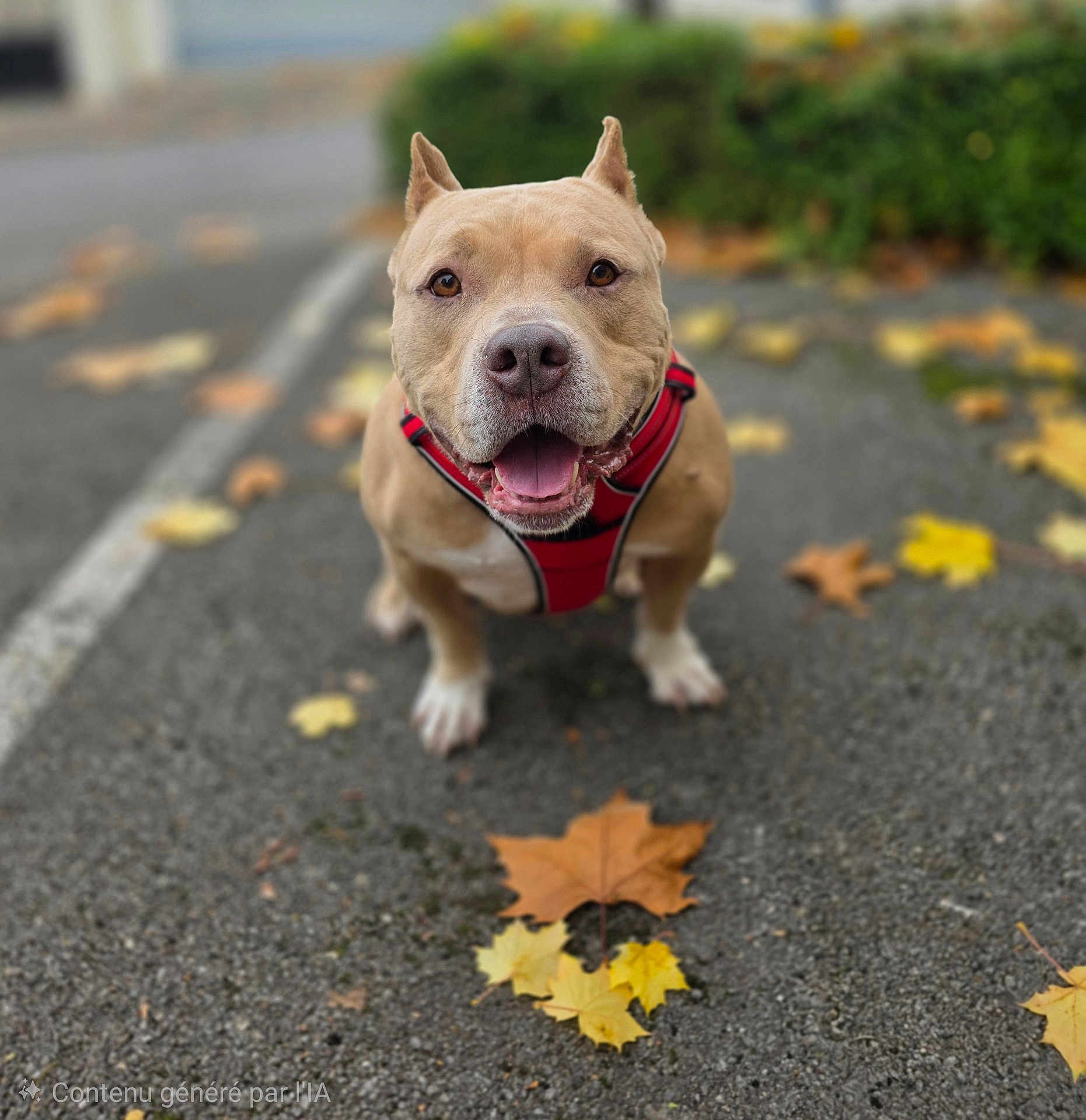 Ice participe au concours pour gagner de l'argent avec cette photo : dog, canine, pet, animal, harness, autumn, leaves, pavement, outdoor, smiling, closeup, brown, happy, nature, fall, park, cute, friendly, mammal, walking