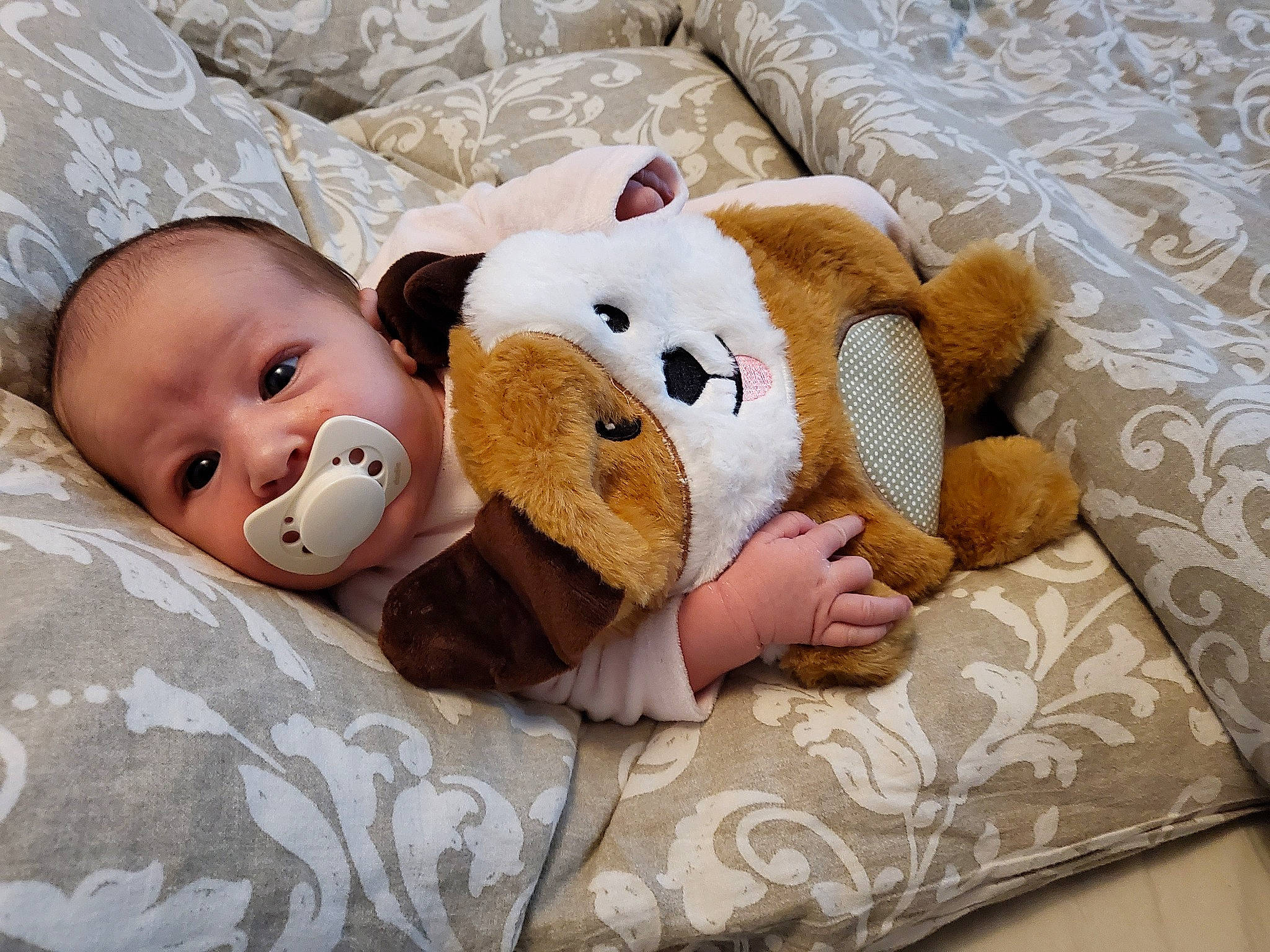 Maddie participe au concours pour gagner de l'argent avec cette photo : baby, baby_products, baby_sleeping, baby_toddler_clothing, bedding, beige, child, comfort, fawn, fur, happy, linens, mammal, person, plush, stuffed_toy, teddy_bear, textile, toddler, toy