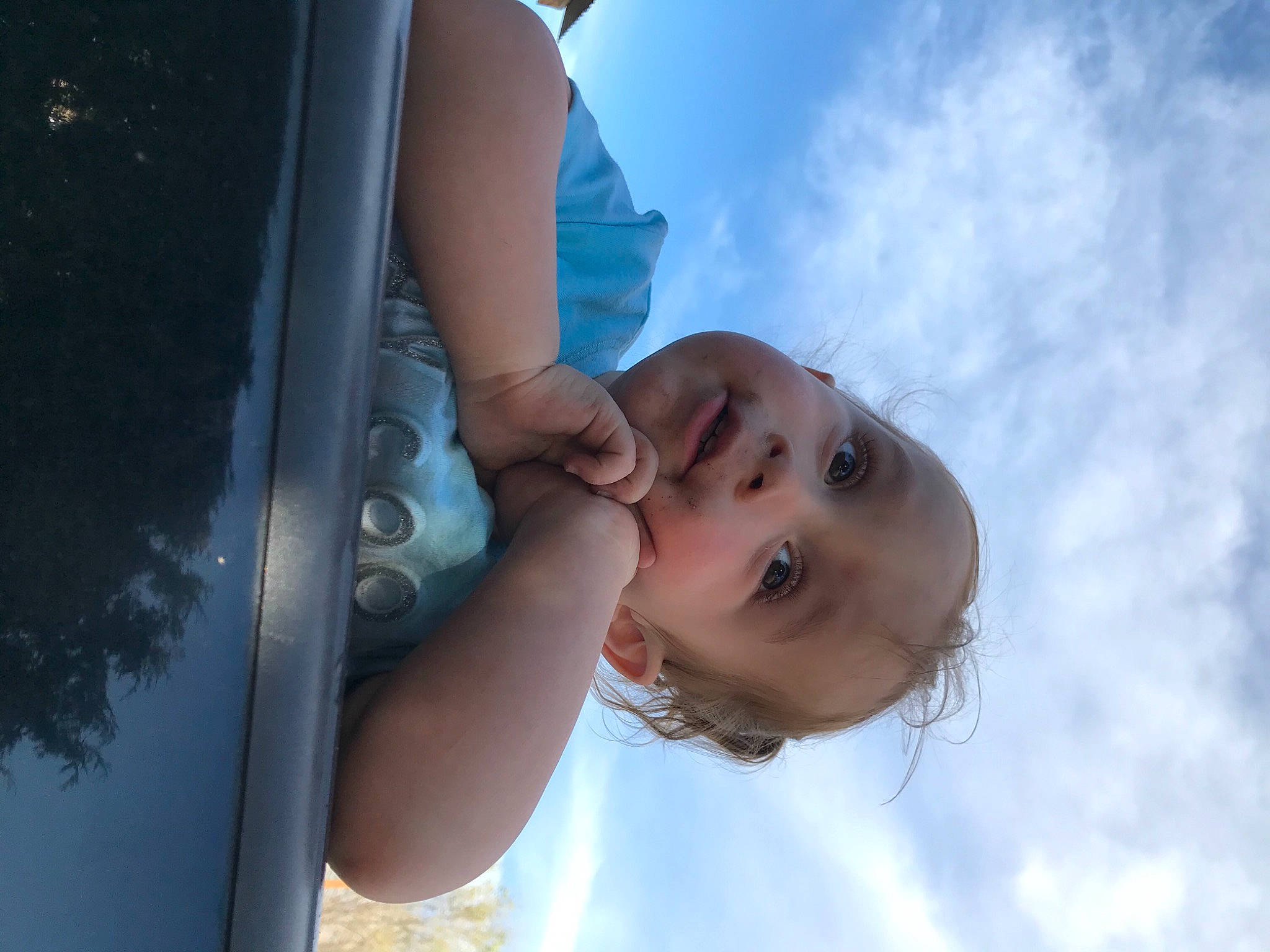 Violette joined the competition — help win amazing prizes! arm, azure, baby, child, cloud, electric_blue, face, flash_photography, fun, gesture, grass, hand, happy, leisure, person, skin, sky, toddler, tree, vehicle_door