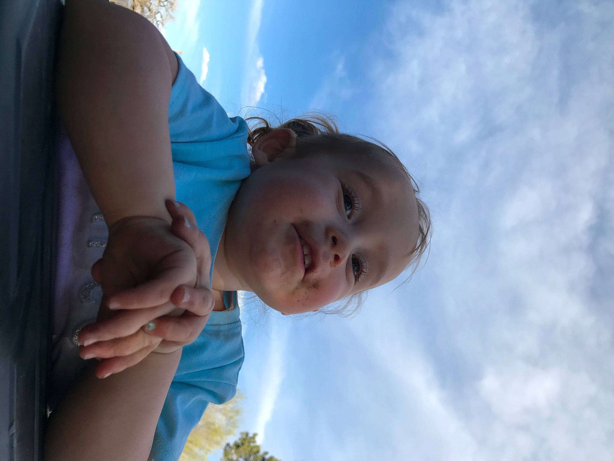 Violette joined the competition — help win amazing prizes! arm, blue, cloud, elbow, eye, finger, flash_photography, gesture, hand, happy, human_body, joint, people_in_nature, person, shoulder, skin, sky, smile, toddler, tree
