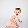 Giada is registered to the contest to win money with this photo: toddler, child, baby, pink_dress, sitting, floor, studio, portrait, cute, curious, blue_eyes, innocence, minimalist, white_background, person, young_child, short_hair, earrings, soft_lighting, smile