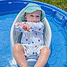 baby, child, pool, water, swimsuit, hat, sun_hat, blue_pool, grass, outdoor, summer, water_toy, relaxing, seat, infant, cute, sitting, smiling, sunny_day, playtime