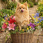 Perle a rejoint le concours — aidez-le/la à gagner de superbes lots ! animal, cute, dog, flower_basket, flowers, fluffy, garden_path, greenery, ivy, nature, outdoor, pet, pink_lilies, pomeranian, purple_lilies, spring, stone_path, tongue_out, wicker_basket, yellow_flowers