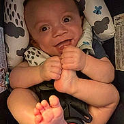 Waylon joined the competition — help win amazing prizes! baby, smiling, foot, hand, infant, cushion, car_seat, happy, child, playful, cute, skin, clothing, seatbelt, head_support, person, indoors, closeup, expression, newborn