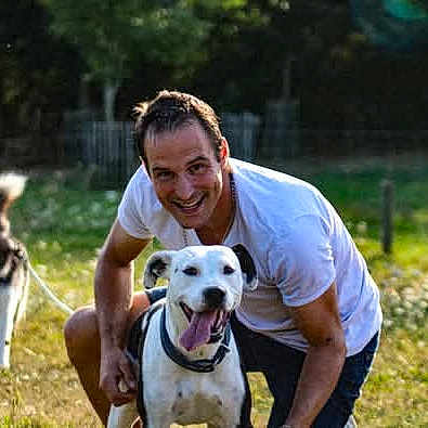 Leika a rejoint le concours — aidez-le/la à gagner de superbes lots ! man, dog, outdoor, smiling, happy, grass, sunlight, pet, animal, canine, leash, playing, nature, fence, person, friendship, summer, park, white_dog, husky