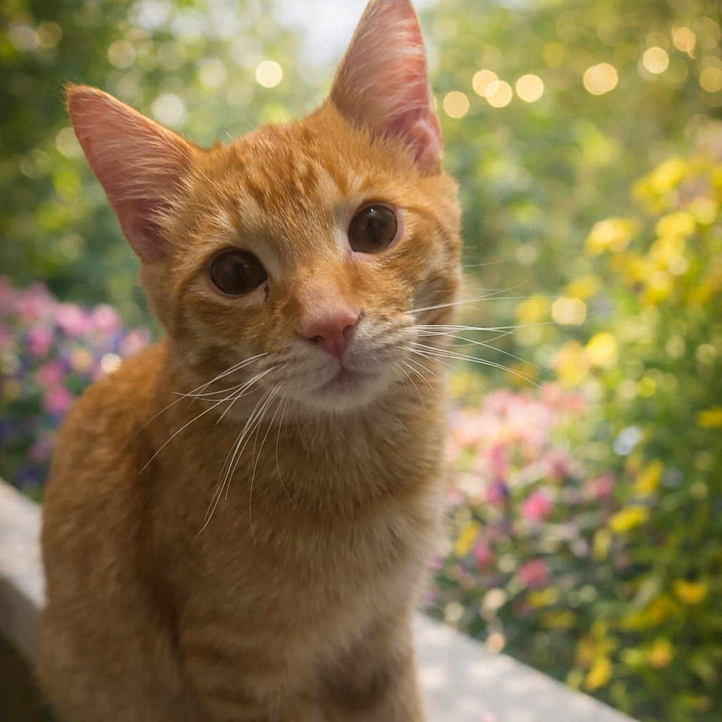 Simba joined the competition — help win amazing prizes! animal, cat, close_up, curious, cute, daylight, ears, feline, flower, garden, ginger_cat, greenery, nature, outdoor, pet, portrait, sitting, soft_focus, sunlight, whiskers