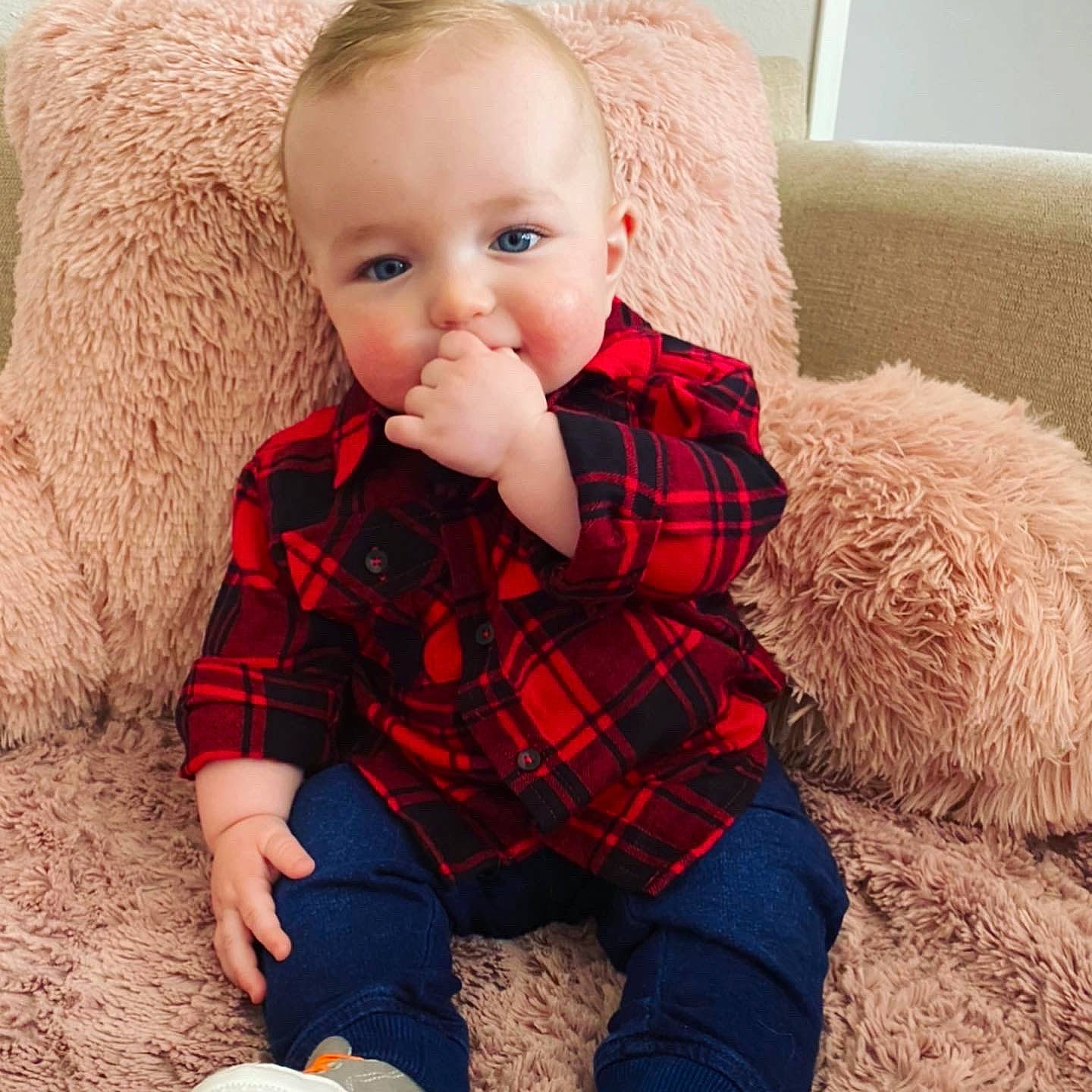 Kellan joined the competition — help win amazing prizes! baby, beauty, blond, cheek, child, design, eye, face, head, lip, nose, outerwear, pattern, person, plaid, product, skin, sleeve, tartan, toddler