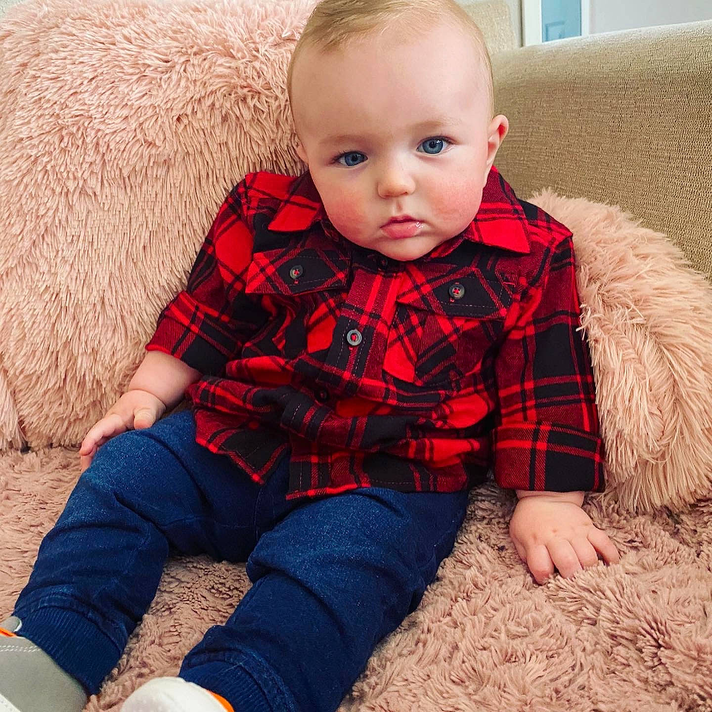 Kellan joined the competition — help win amazing prizes! baby, cheek, child, cool, design, eye, face, fashion, fur, head, lip, outerwear, pattern, person, plaid, red, sitting, skin, sleeve, toddler
