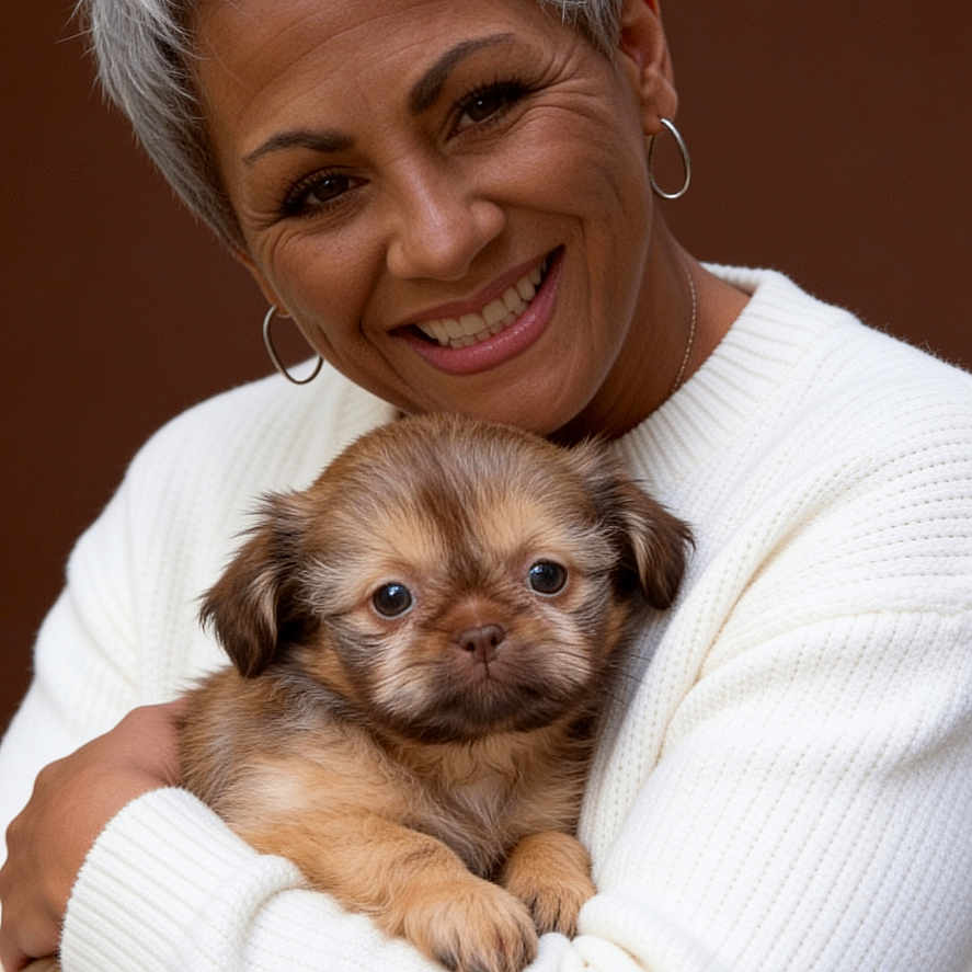 Zaylee is registered to the contest to win money with this photo: brown_fur, close_up, companion_animal, cuddling, dog, earrings, fluffy, happy, holding, indoors, pet, photography, portrait, puppy, short_hair, small_dog, smiling, warm_lighting, white_sweater, woman