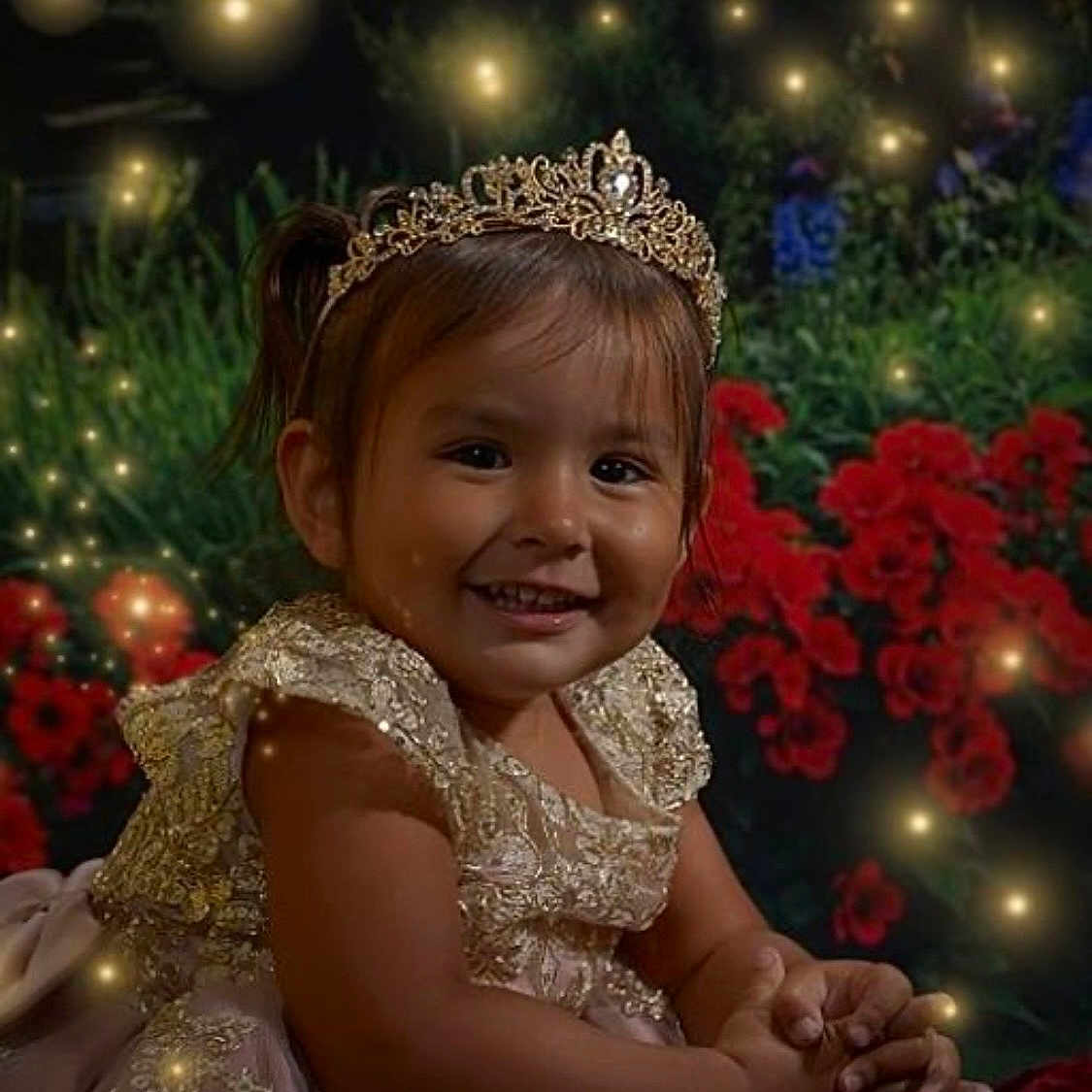 Aurora joined the competition — help win amazing prizes! celebration, child, cute, dress, face, festive, flower, garden, girl, glowing_lights, hands, happy, nature, night, outdoor, portrait, red_flowers, smiling, sparkle, tiara