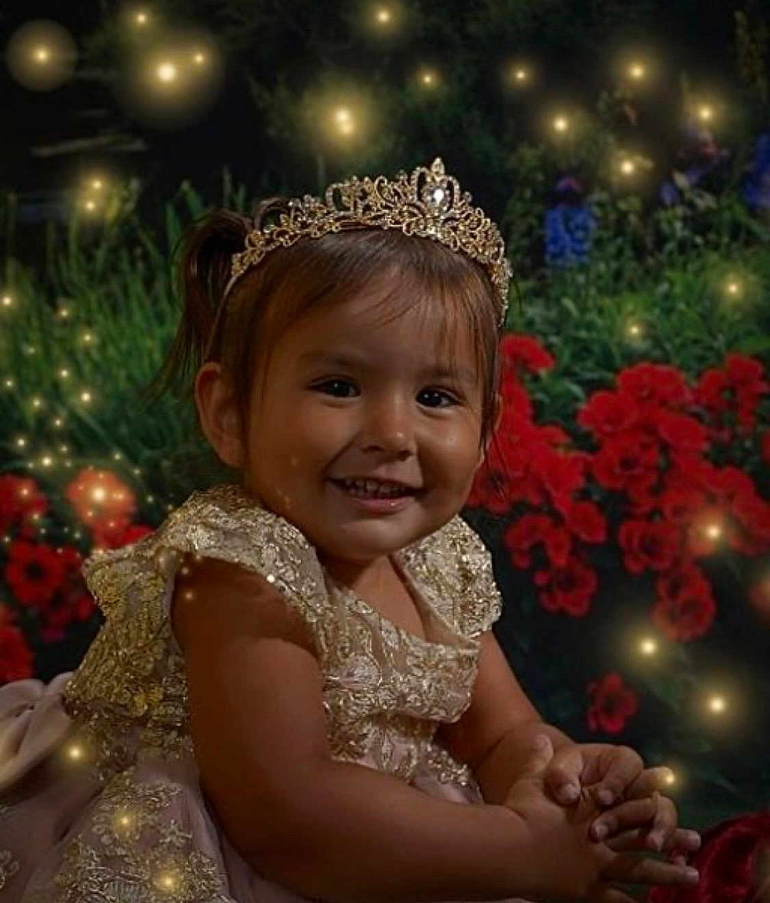 Aurora joined the competition — help win amazing prizes! child, girl, smiling, tiara, dress, flower, garden, glowing_lights, portrait, happy, night, red_flowers, sparkle, cute, face, hands, nature, outdoor, celebration, festive