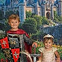 child, children, knight, princess, castle, costume, dress, shield, sword, wand, magic, sparkle, barefoot, smile, portrait, fantasy, flower, greenery, cape, tiara