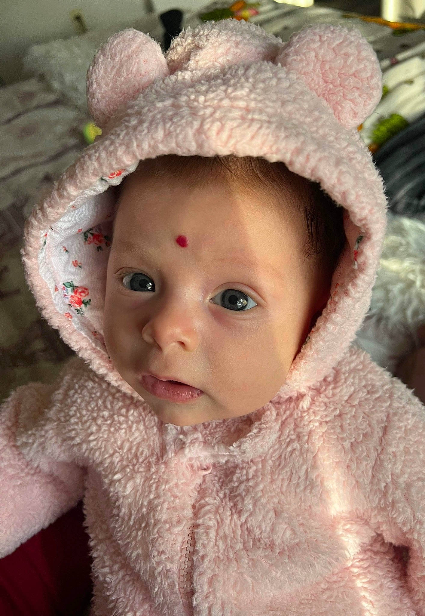 Alayna joined the competition — help win amazing prizes! baby_toddler_clothing, cap, cheek, costume_hat, eyebrow, eyelash, fur_clothing, hat, headgear, human_body, iris, lip, nose, organ, outerwear, person, pink, skin, sleeve, sun_hat
