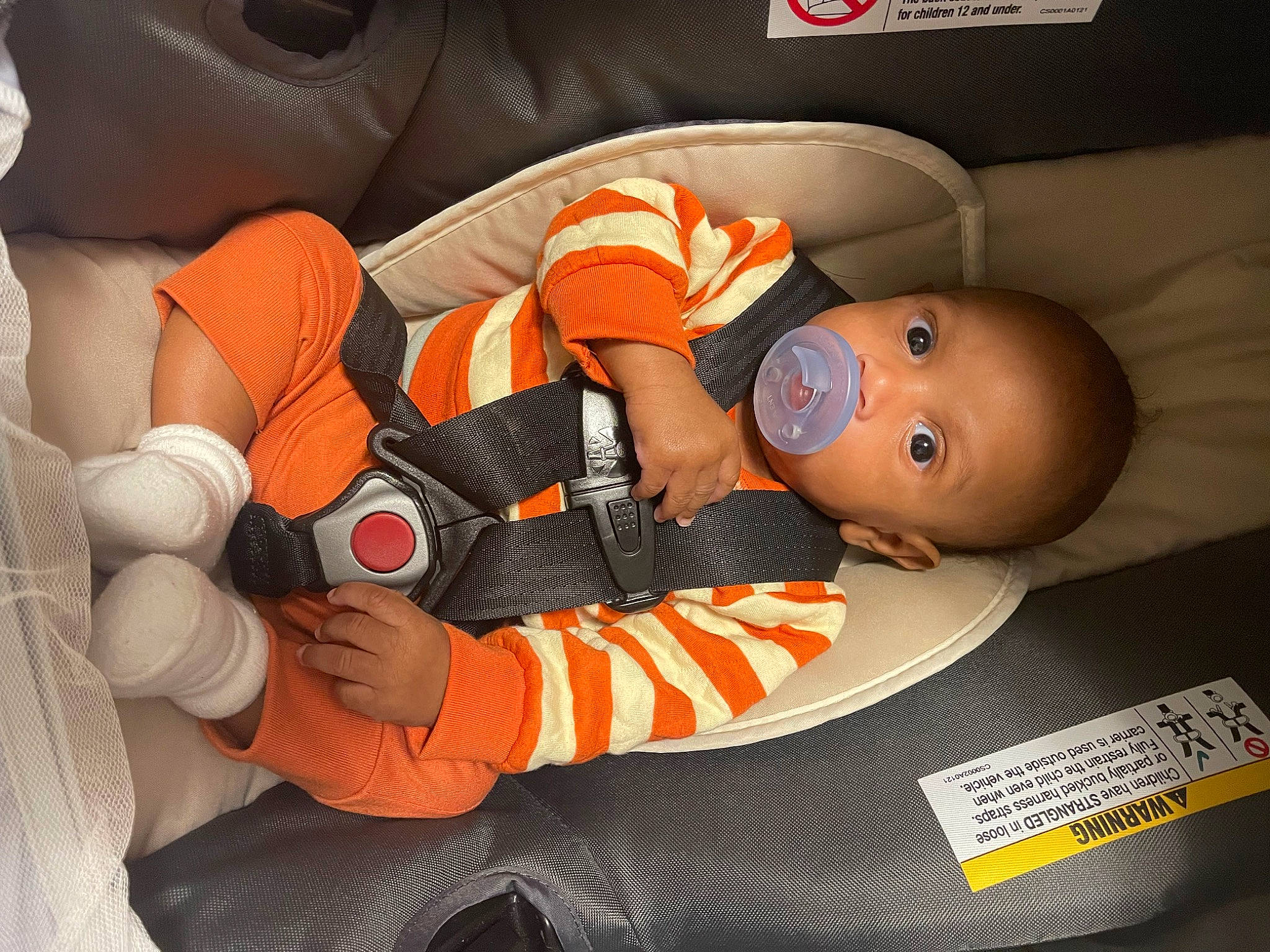 Azari is registered to the contest to win money with this photo: audio_equipment, auto_part, baby, baby_carriage, baby_in_car_seat, baby_products, baby_safety, baby_sleeping, baby_toddler_clothing, car_seat, carmine, child, comfort, motor_vehicle, orange, person, personal_protective_equipment, product, room, steering_wheel