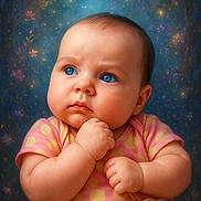 Lyana a rejoint le concours — aidez-le/la à gagner de superbes lots ! baby, infant, child, polka_dot, pink_clothing, blue_eyes, pacifier, cute, portrait, chubby_cheeks, hand, thoughtful, soft_lighting, studio_photo, fantasy_background, floral, starry, young_child, close_up, adorable