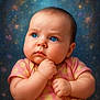 baby, infant, child, polka_dot, pink_clothing, blue_eyes, pacifier, cute, portrait, chubby_cheeks, hand, thoughtful, soft_lighting, studio_photo, fantasy_background, floral, starry, young_child, close_up, adorable