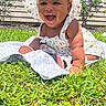 baby, child, infant, smiling, laughing, outdoors, garden, grass, blanket, sunhat, floral, dress, portrait, sitting, crawling, happy, face, grass_lawn, backyard, daylight