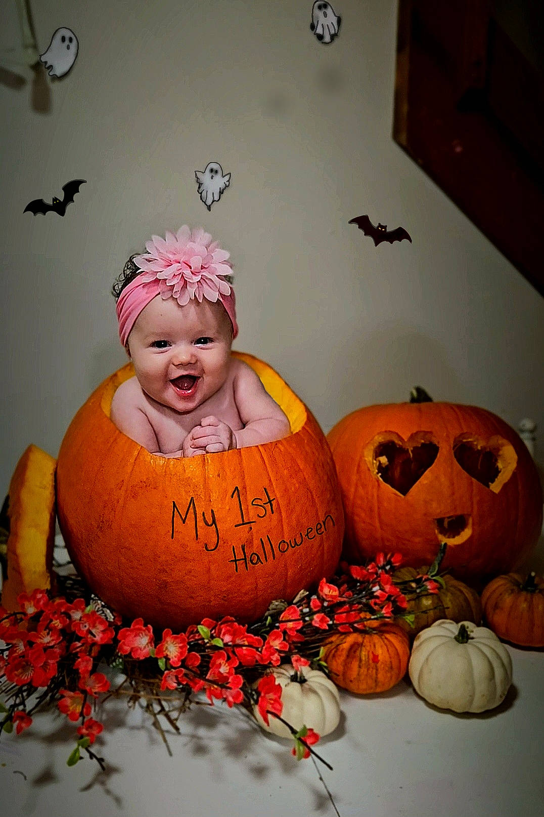 Victoria joined the competition — help win amazing prizes! baby, baby_toddler_clothing, cabinetry, calabaza, cucurbita, event, facial_expression, gourd, grass, happy, headwear, natural_foods, orange, person, plant, pumpkin, smile, squash, toddler, vegetable
