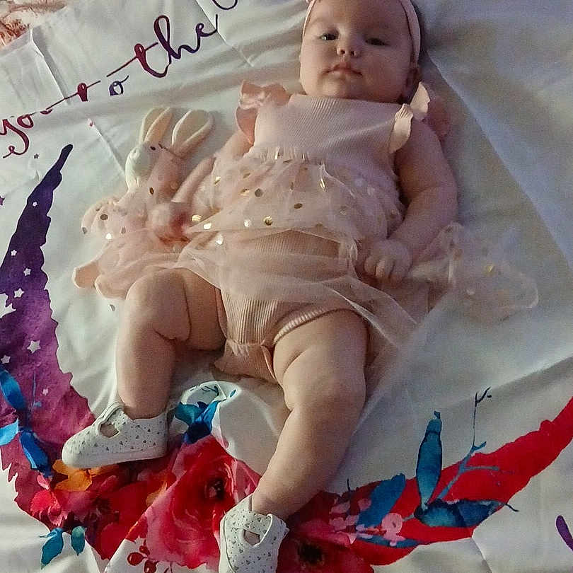 Lemailey joined the competition — help win amazing prizes! accessory, baby, bedding, blanket, child, chubby_cheeks, cute, feet, floral_pattern, headband, indoor, infant, lying_down, pink_dress, portrait, shoes, sleepy, soft_toy, stuffed_bunny, tutu