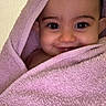Inaya participe au concours pour gagner de l'argent avec cette photo : baby, child, towel, pink, smile, face, portrait, cute, indoors, wrapped, skin, eyes, expression, head, bath, soft, texture, happy, young, person
