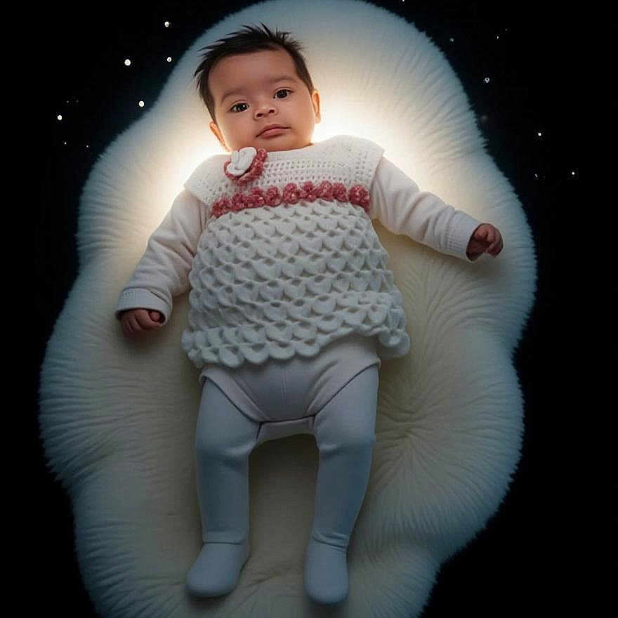Cataleya a rejoint le concours — aidez-le/la à gagner de superbes lots ! adorable, baby, child, cozy, cushion, cute, dark_background, face, glowing, infant, knitwear, lying_down, newborn, peaceful, portrait, soft_texture, stars, studio_lighting, warm, white_clothing