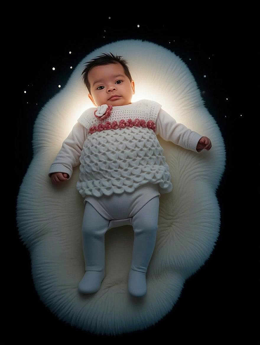 Cataleya a rejoint le concours — aidez-le/la à gagner de superbes lots ! baby, infant, knitwear, white_clothing, cushion, soft_texture, portrait, face, child, cozy, lying_down, dark_background, stars, glowing, cute, newborn, warm, peaceful, adorable, studio_lighting
