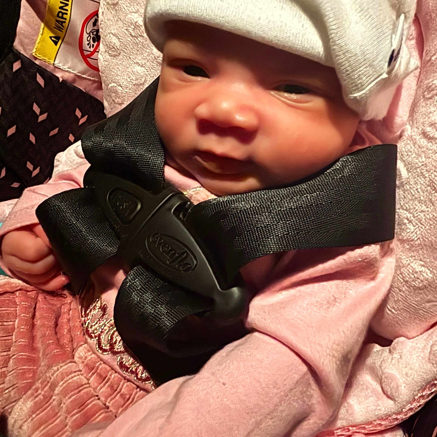 Azaria is registered to the contest to win money with this photo: baby, infant, car_seat, seatbelt, clothing, hat, pink, child, face, headwear, safety, cute, newborn, person, portrait, indoors, expression, baby_girl, wrapped, soft