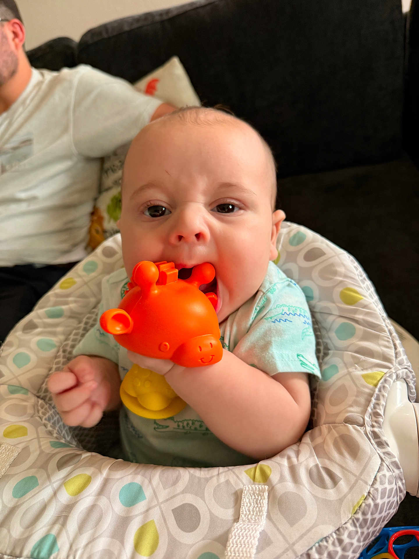 Jason is registered to the contest to win money with this photo: baby, toy, giraffe, orange, baby_seat, couch, adult, indoor, child, chewing, patterned, clothing, person, face, hand, happy, cute, infant, play, comfort