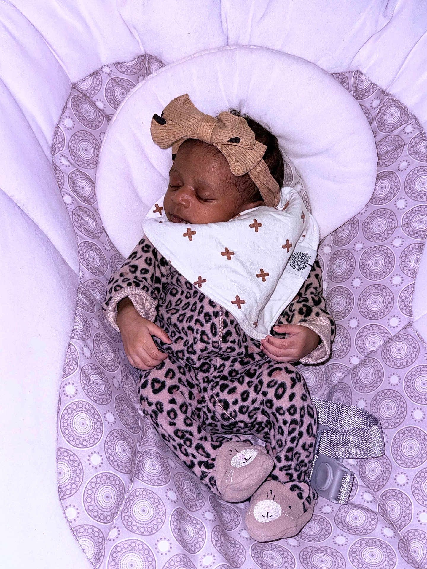 Jermany joined the competition — help win amazing prizes! animal_slippers, baby, baby_seat, bow, child, cozy, cushion, cute, headband, indoors, infant, leopard_print, onesie, patterned_fabric, peaceful, portrait, resting, sleeping, slippers, young_child