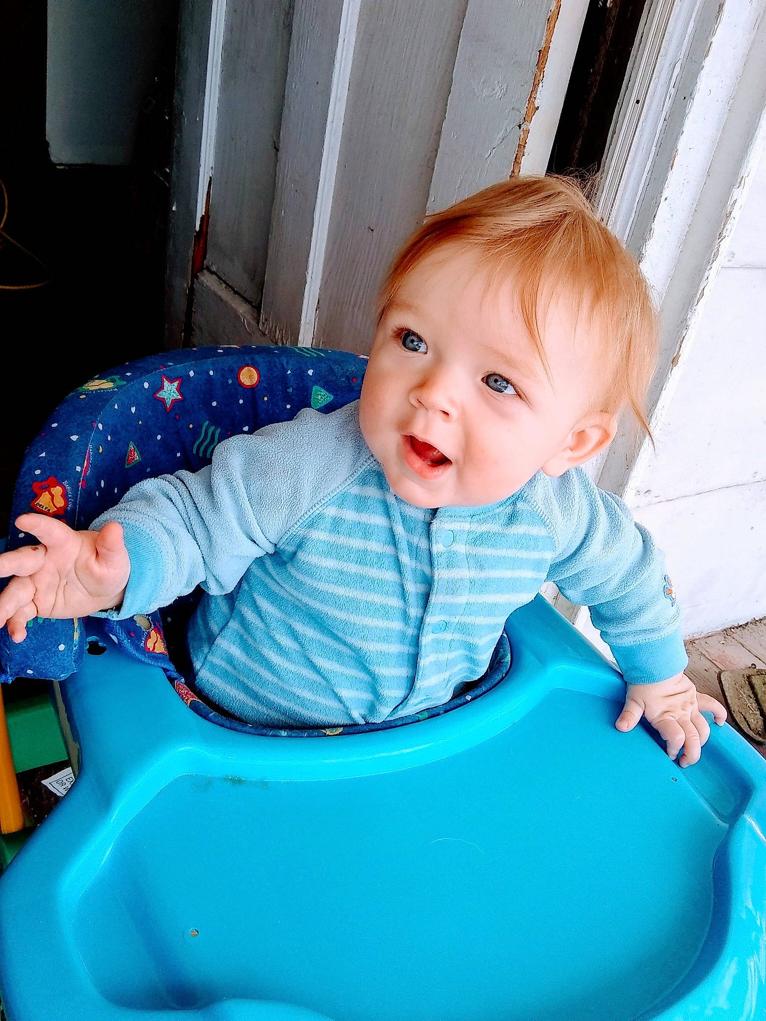 Konnor is registered to the contest to win money with this photo: baby, baby_products, blue, chair, child, person, play, product, sitting, skin, smile, toddler, turquoise