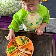 Alex joined the competition — help win amazing prizes! toddler, child, food, fruit, grape, kiwi, pineapple, celery, cheese, sandwich, plate, table, bib, green, indoor, meal, healthy, snack, curly_hair, person
