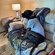 Major is registered to the contest to win money with this photo: blanket, canine, carpet, clock, couch, cozy, decor, dog, family_photo, furniture, home, indoor, lamp, living_room, pet, relaxing, seated, shirt, side_table, wall