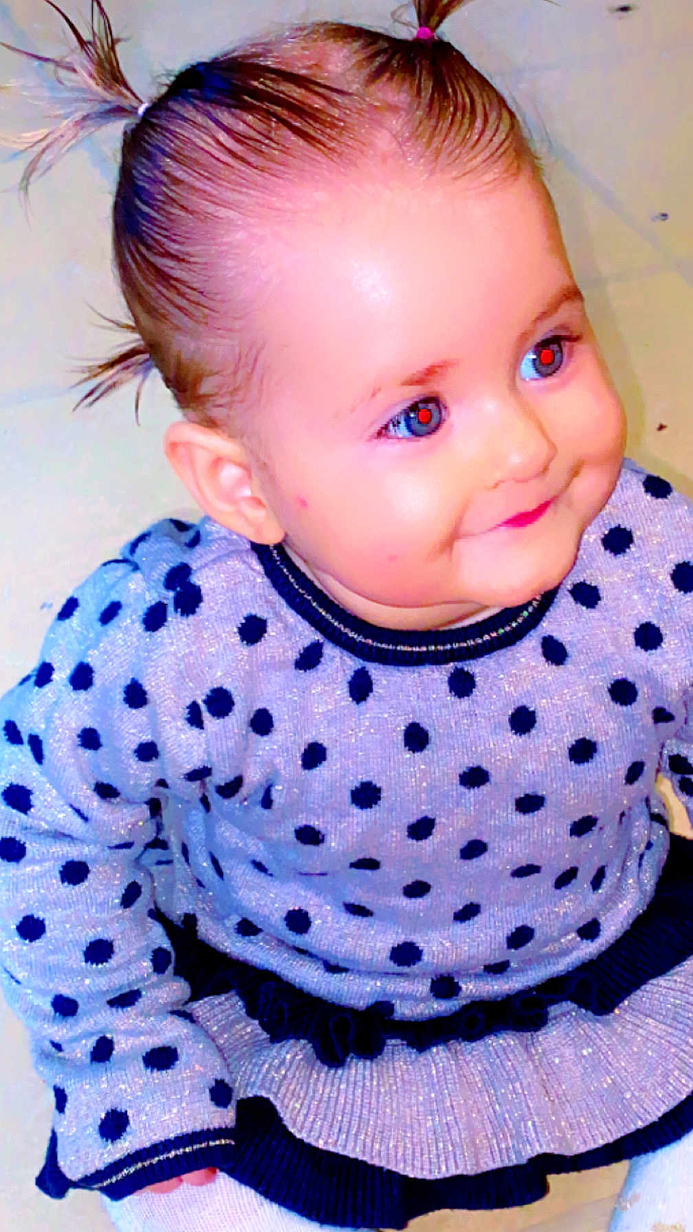 Kayssi participe au concours pour gagner de l'argent avec cette photo : toddler, child, smile, polka_dot, sweater, pigtails, indoor, cute, happy, face, person, portrait, baby, long_sleeve, fashion, young_child, skin, hair, eyes, clothing