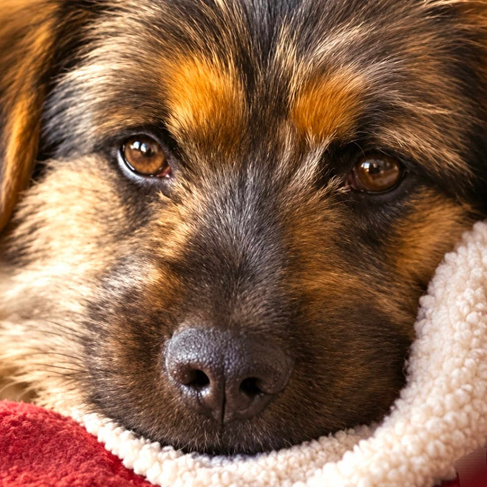 Happy a rejoint le concours — aidez-le/la à gagner de superbes lots ! dog, puppy, close_up, portrait, sleepy, cozy, blanket, fluffy, fur, brown_fur, black_fur, tan_markings, brown_eyes, nose, face, indoors, warm_lighting, red_fabric, snuggled, cute