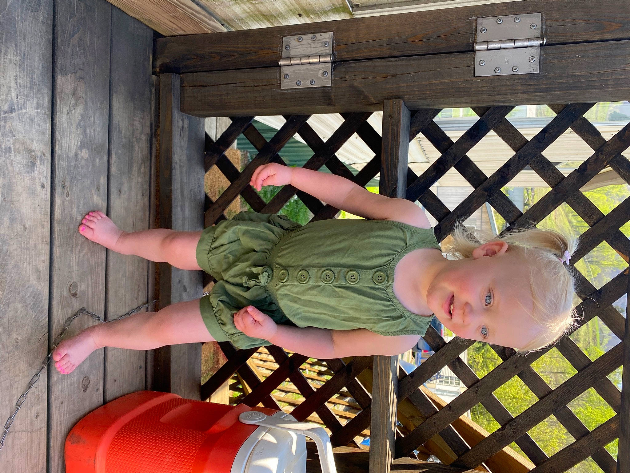 Annie joined the competition — help win amazing prizes! baby, baby_safety, baby_toddler_clothing, child, cylinder, fence, fun, hardwood, human_leg, knee, leg, leisure, person, room, shorts, t_shirt, thigh, toddler, wood