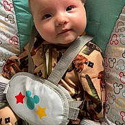 David joined the competition — help win amazing prizes! baby, infant, child, mickey_mouse, seat, straps, patterned_clothing, cute, smiling, indoor, close_up, face, head, onesie, mittens, soft_lighting, playful, colorful, mickey_mouse_print, cozy