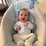 Odin is registered to the contest to win money with this photo: baby, infant, onesie, smile, happy, baby_seat, plush_toy, bunny, toy_ring, indoor, child, cute, face, person, comfort, home, soft, seat, infant_clothing, baby_accessory