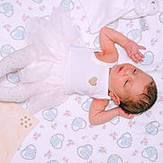 Nelya participe au concours pour gagner de l'argent avec cette photo : newborn, baby, infant, sleeping, white_clothing, tights, blanket, plush_toy, patterned_blanket, soft_texture, cute, peaceful, lying_down, indoors, baby_girl, small_heart, embroidery, decorative, pastel_colors, baby_accessory