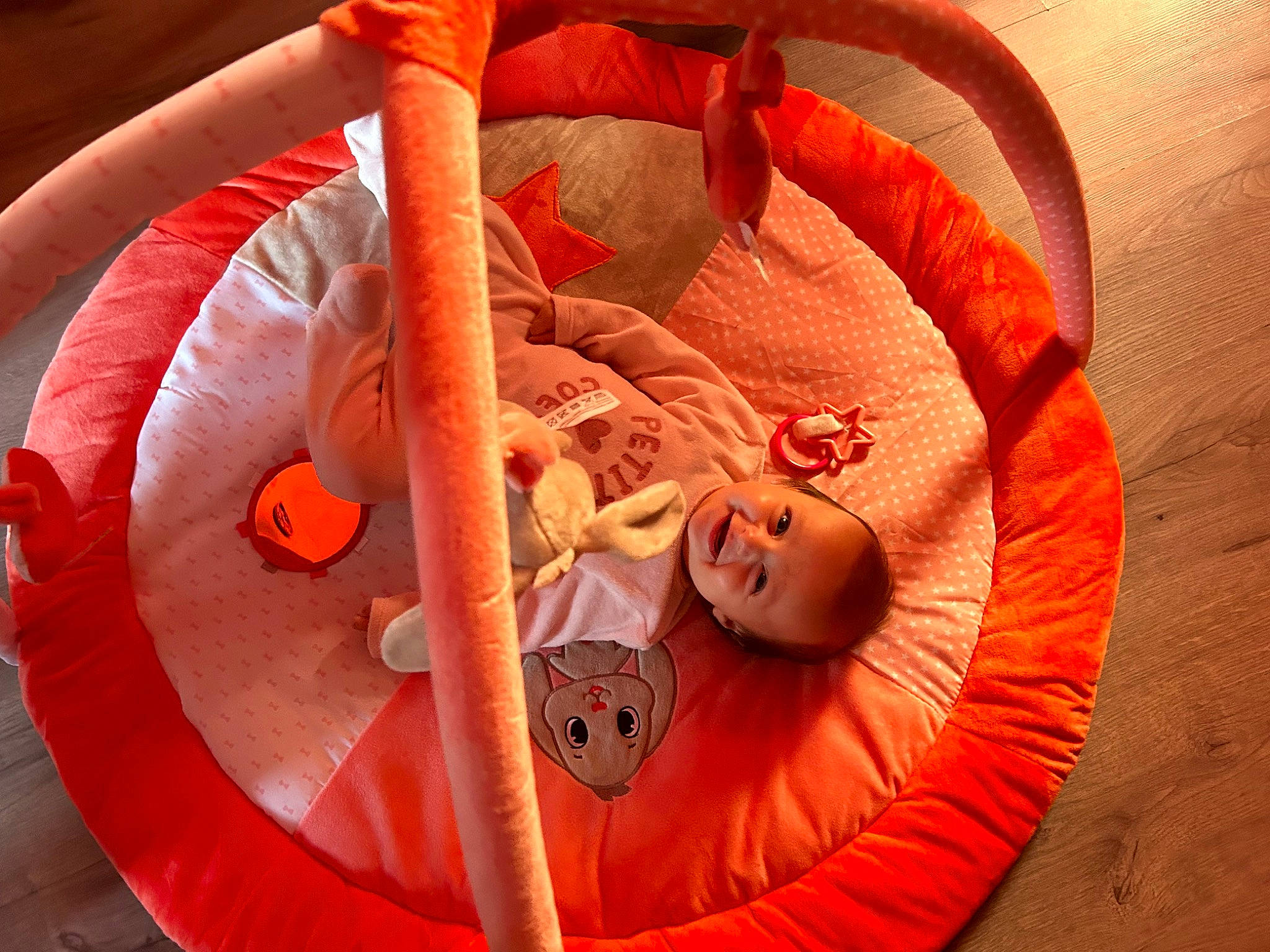 April participe au concours pour gagner de l'argent avec cette photo : baby, baby_products, baby_sleeping, baby_toddler_clothing, baby_toys, carmine, child, circle, comfort, coquelicot, infant_bed, joy, linens, orange, peach, person, room, textile, toddler