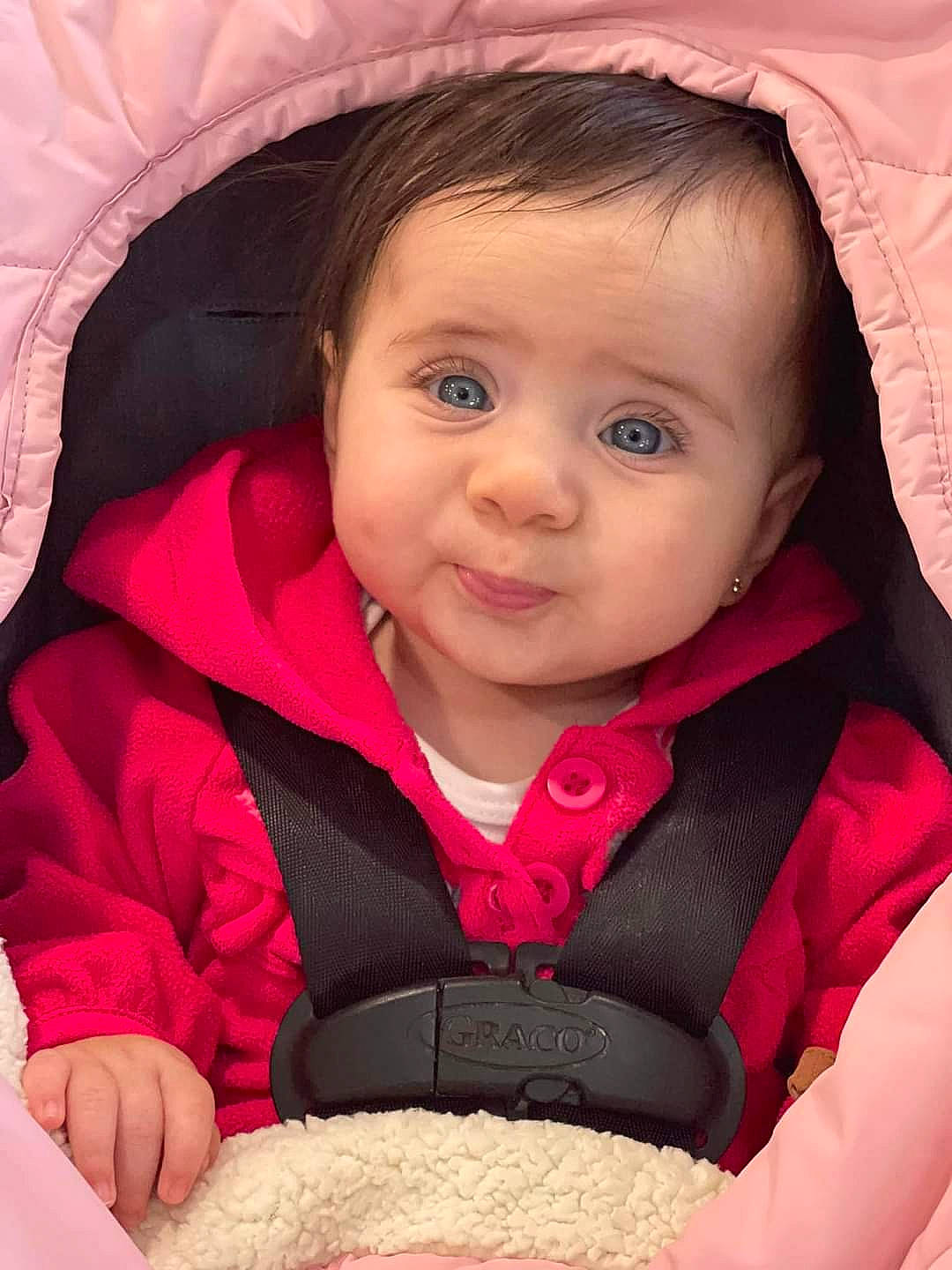 Penelope joined the competition — help win amazing prizes! baby, cheek, chin, comfort, eye, eyebrow, eyelash, facial_expression, hairstyle, happy, iris, lip, mouth, nose, organ, outerwear, person, pink, skin, sleeve