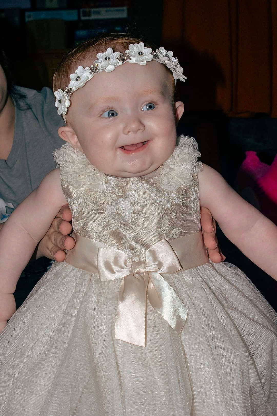Addie joined the competition — help win amazing prizes! baby_toddler_clothing, bridal_accessory, bridal_clothing, bridal_party_dress, dress, embellishment, flash_photography, formal_wear, gown, happy, headgear, headpiece, headwear, iris, joy, person, petal, pink, shoulder, skin