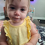 Ainsley is registered to the contest to win money with this photo: toddler, child, yellow_dress, curious, indoor, baby, person, face, expression, cute, home, floor, toy, background, play, infant, clothing, closeup, portrait, young_child