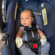 Augustus joined the competition — help win amazing prizes! baby, infant, car_seat,  안전_harness, portrait, sitting, wide_eyed, pacifier, mittens, star_pattern, gray_outfit, indoor, travel, child, face, eyes, carriage, safety_straps, head, photography