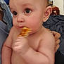 adult_hand, baby, candid, child, closeup, curious, cute, diaper, eating, expression, face, furniture, hand, indoor, person, pizza, plush, shirtless, skin, television