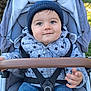 Sacha participe au concours pour gagner de l'argent avec cette photo : baby, child, stroller, jacket, hat, knit_hat, star_pattern, smile, face, hand, safety_harness, outdoor, grass, cushion, clothing, person, infant, seat, happy, cute