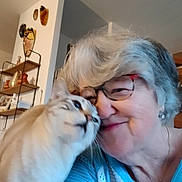 Chipilou participe au concours pour gagner de l'argent avec cette photo : affection, blur, casual_clothing, cat, close_up, cozy, elderly_woman, face, feline, glasses, gray_hair, home_decor, indoor, interaction, living_room, ornaments, pet, selfie, shelf, smile