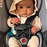 baby, infant, child, car_seat, harness, hood, fuzzy_clothing, animal_ears, sitting, portrait, face, eyes, wide_eyed, pacifier, feet, indoors, vehicle, safety, pink_background, closeup