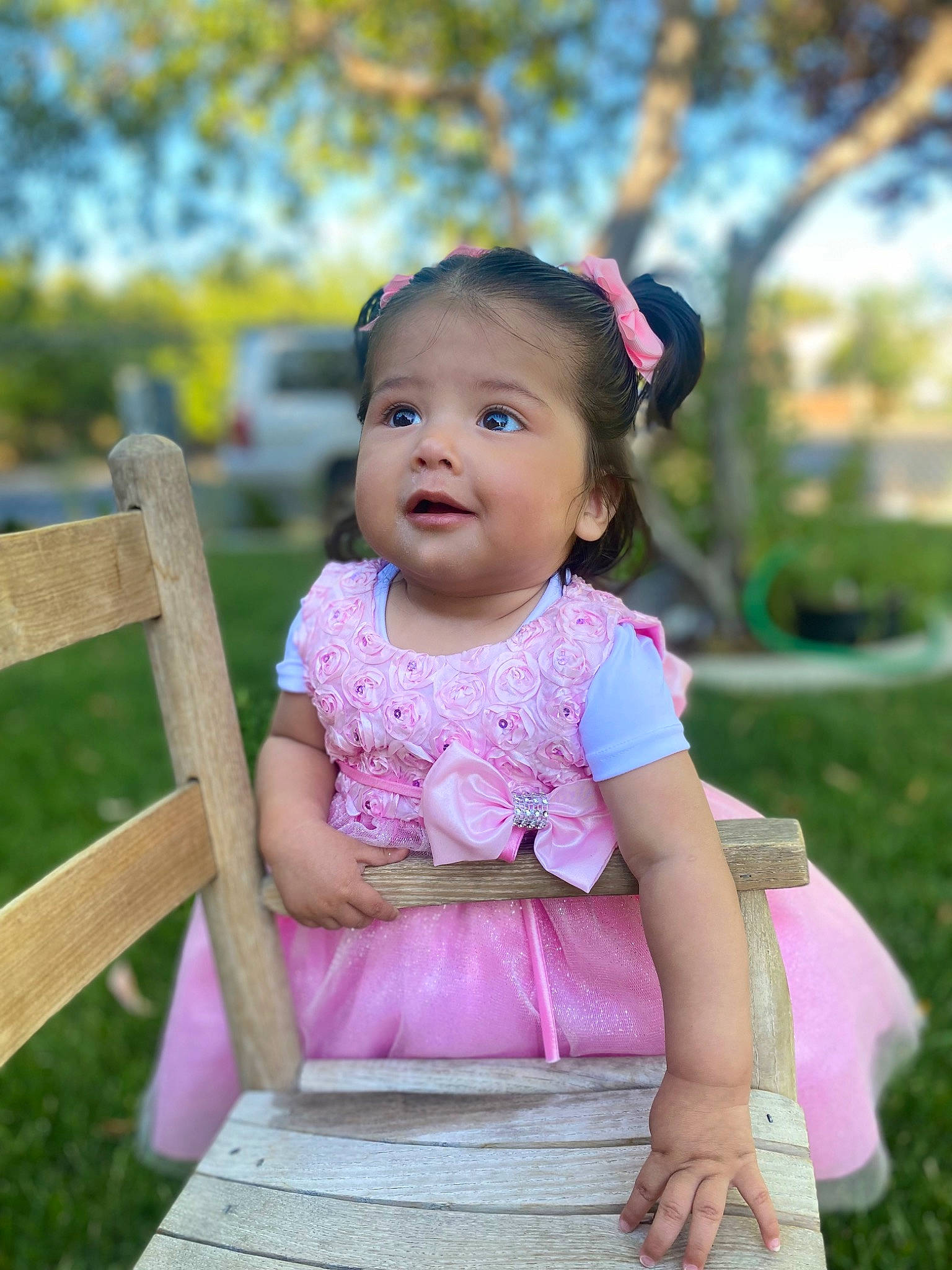 Adaley joined the competition — help win amazing prizes! baby_toddler_clothing, dress, eye, face, facial_expression, fun, grass, hairstyle, happy, leisure, magenta, person, pink, plant, purple, skin, smile, summer, toddler, tree